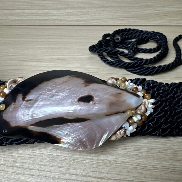 Vintage Statement Shell Braided Belt Womens Waist 80s 90s Boho Black Beaded - Picture 4 of 15